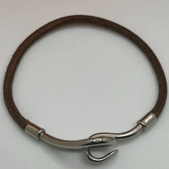 Men's Hermes Brown Leather & Palladium Jumbo H Bracelet - Picture 4 of 5